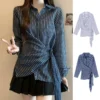 Korean Style Waist Controlled Lace up Loose Striped Shirt Women Unique Elegant Long Sleeve Shirt Blouse Women