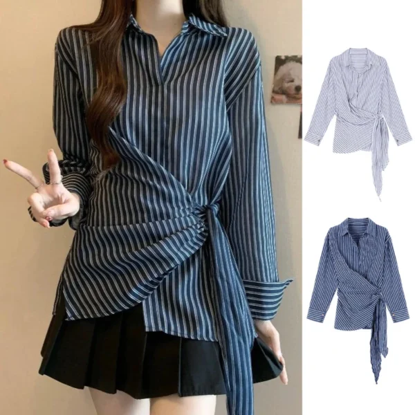 Korean Style Waist Controlled Lace up Loose Striped Shirt Women Unique Elegant Long Sleeve Shirt Blouse Women