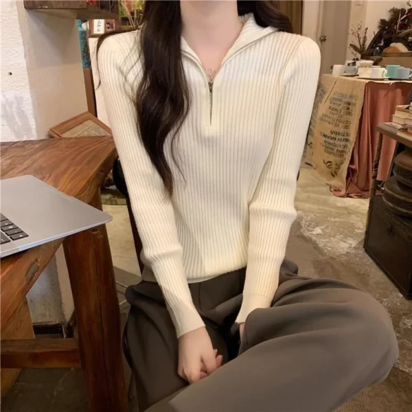 Knit Sweater Loose Sleeve Zipper Basic Korean Fashion Women Ladies Versatile Plain Color Long Sleeve Collar Knitwear Blouse