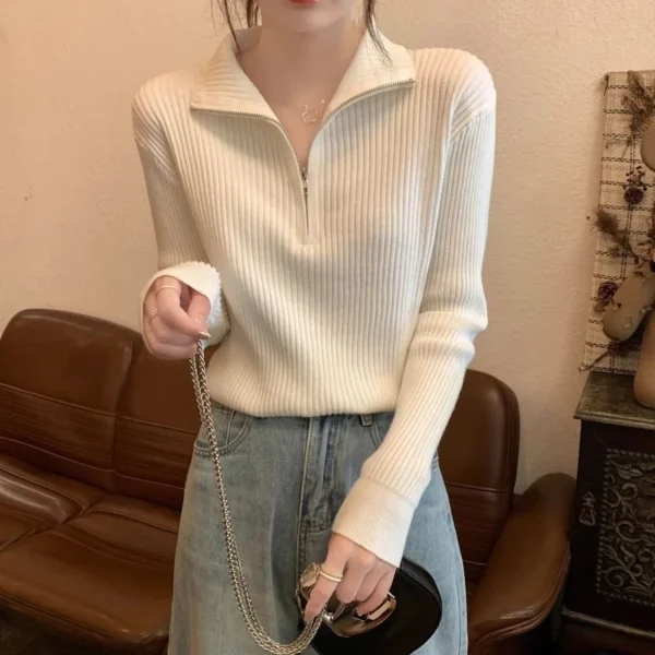 Knit Sweater Loose Sleeve Zipper Basic Korean Fashion Women Ladies Versatile Plain Color Long Sleeve Collar Knitwear Blouse