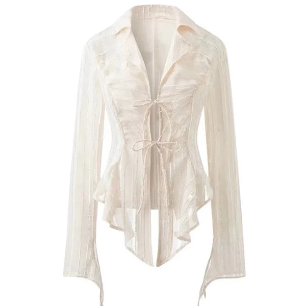 Korean Loose Chiffon Lace Up Long Sleeve Blouse Women s Long Sleeve Shirt New