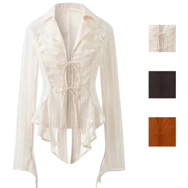 Korean Loose Chiffon Lace Up Long Sleeve Blouse Women s Long Sleeve Shirt New
