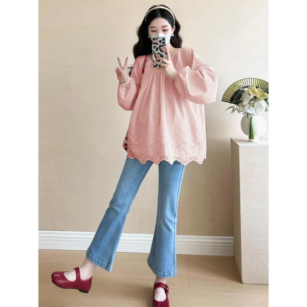 Fashionable Women Loose Korean Style Solid Color Long Sleeved Design Embroidered Lace Shirt Spring Autumn Loose Top