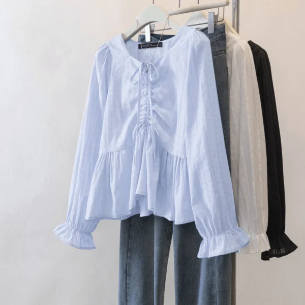 Blouse Women Korean Elegant Long Sleeve Blouse With Ruffles Women Shirt
