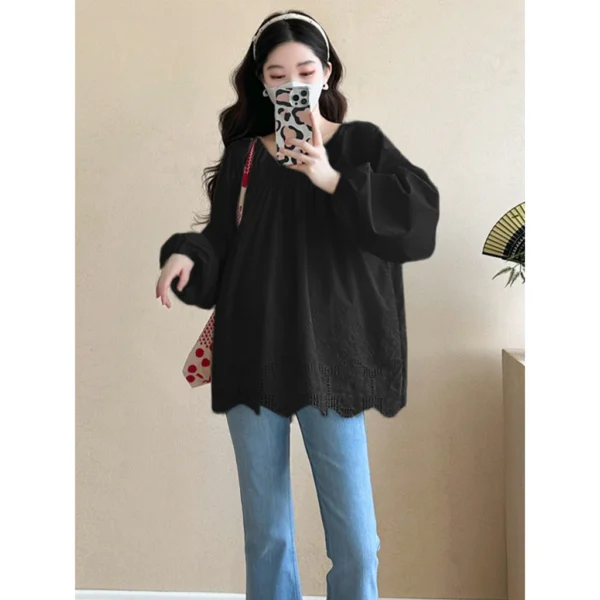 Fashionable Women Loose Korean Style Solid Color Long Sleeved Design Embroidered Lace Shirt Spring Autumn Loose Top