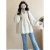 Fashionable Women Loose Korean Style Solid Color Long Sleeved Design Embroidered Lace Shirt Spring Autumn Loose Top