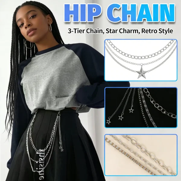 Hip Star Retro Charm 3 Tier Belt Chain Metal Pants Women Waist