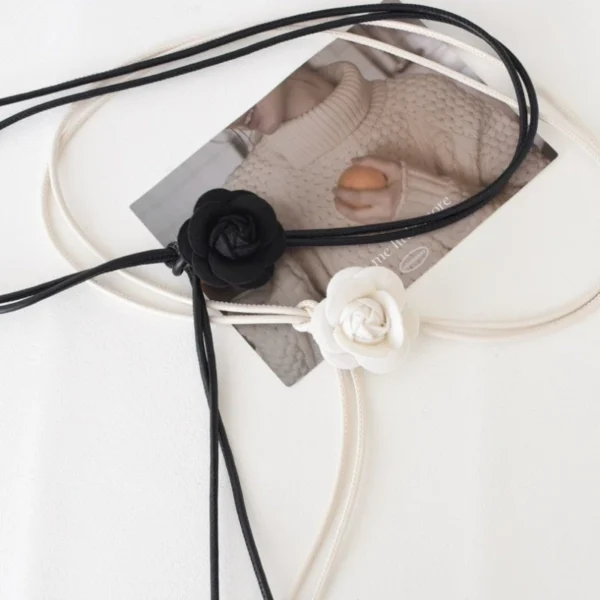 New Camellia Flower Leather Rope Thin Belt Women s Dress Is Decorated Versatile and Soft Knotted Waist Rope