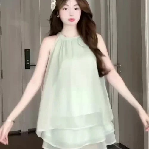 Lady silk chiffon off the shoulder blouse set with halter neck with 2 layer flared skirt detachable flower brooch women outfit