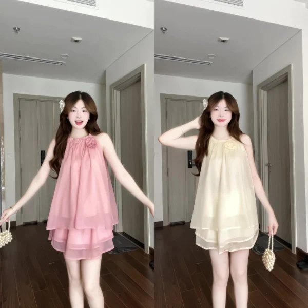 Lady silk chiffon off the shoulder blouse set with halter neck with 2 layer flared skirt detachable flower brooch women outfit