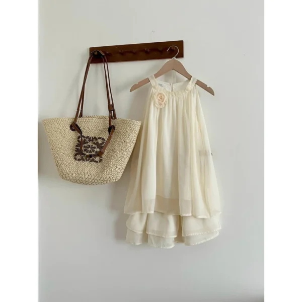 Lady silk chiffon off the shoulder blouse set with halter neck with 2 layer flared skirt detachable flower brooch women outfit