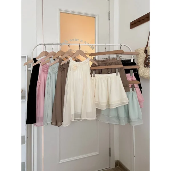 Lady silk chiffon off the shoulder blouse set with halter neck with 2 layer flared skirt detachable flower brooch women outfit