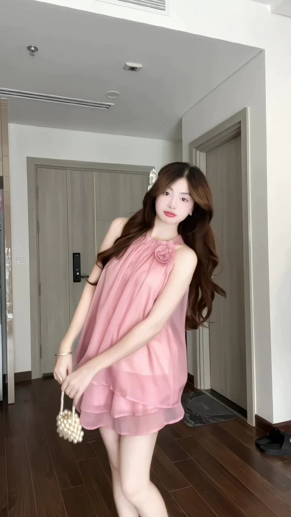 Lady silk chiffon off the shoulder blouse set with halter neck with 2 layer flared skirt detachable flower brooch women outfit